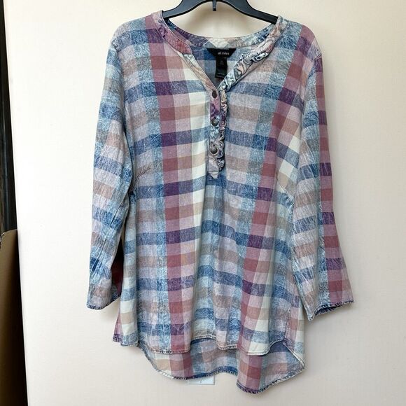 Ali Miles Tunic Women’s 1X Multicolor Plaid Check Pattern Top 3/4 Sleeve Cotton - Picture 7 of 8